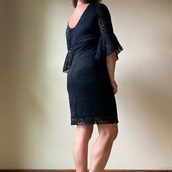 Marina stretch black lace sheath dress bell sleeve lined sheer wedding party - Picture 4 of 8